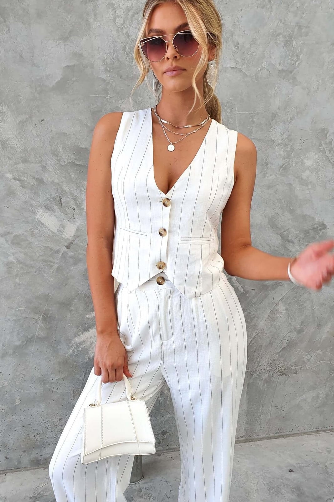 White Pinstripe Linen Vest Ensemble White Pinstripe Linen Vest Ensemble — Classy White Top Outfits