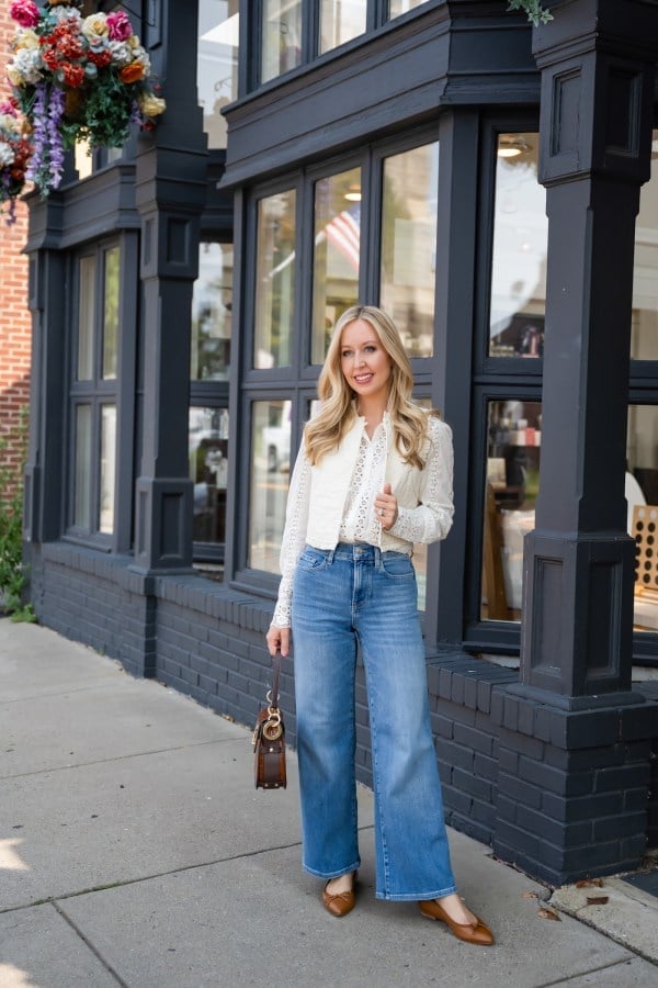 Eyelet Vest Adds Texture to Wide Leg Jeans Eyelet Vest Adds Texture to Wide Leg Jeans — Classy Wide Leg Jeans Outfits