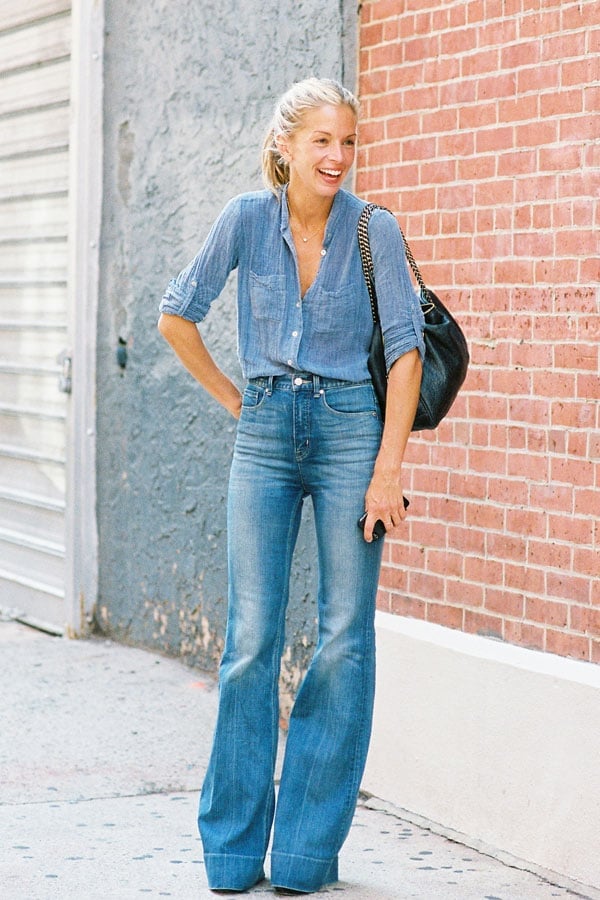 Denim Shirt and Extremely Wide Leg Jeans Denim Shirt and Extremely Wide Leg Jeans — Classy Wide Leg Jeans Outfits