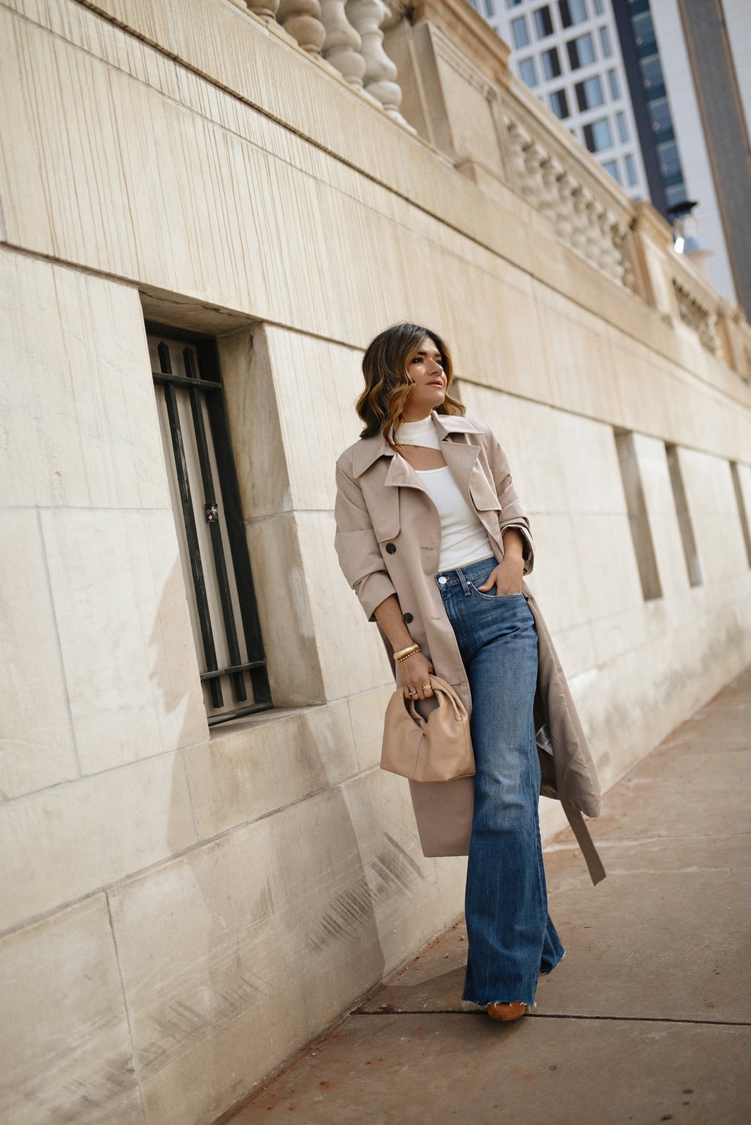 Turtleneck and Trench Coat with Wide Leg Jeans and Tan Heeled Sandals Turtleneck and Trench Coat with Wide Leg Jeans and Tan Heeled Sandals — Classy Wide Leg Jeans Outfits