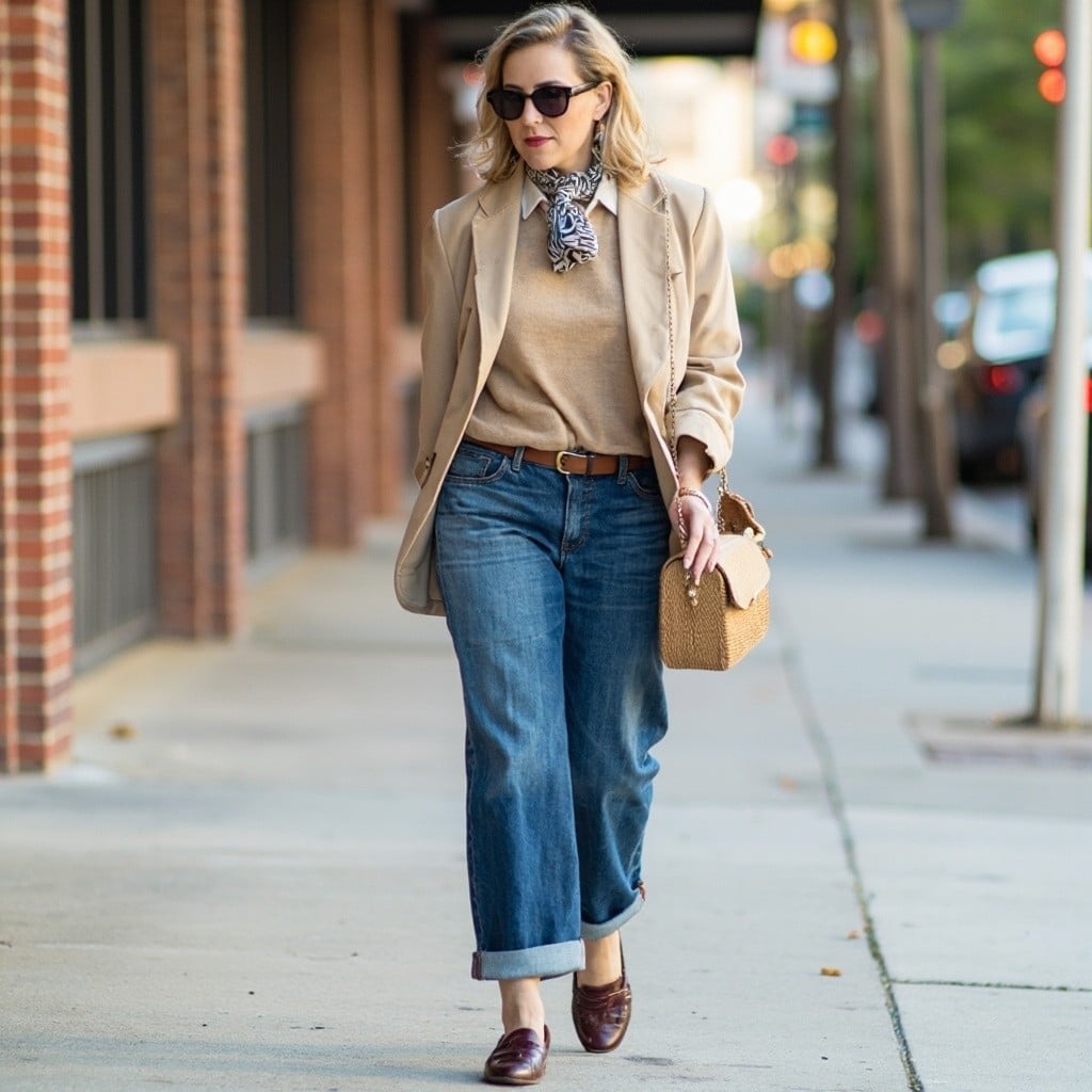 Scarf and Blazer Add Interest to Wide Leg Jeans With Brown Belt Scarf and Blazer Add Interest to Wide Leg Jeans With Brown Belt — Classy Wide Leg Jeans Outfits