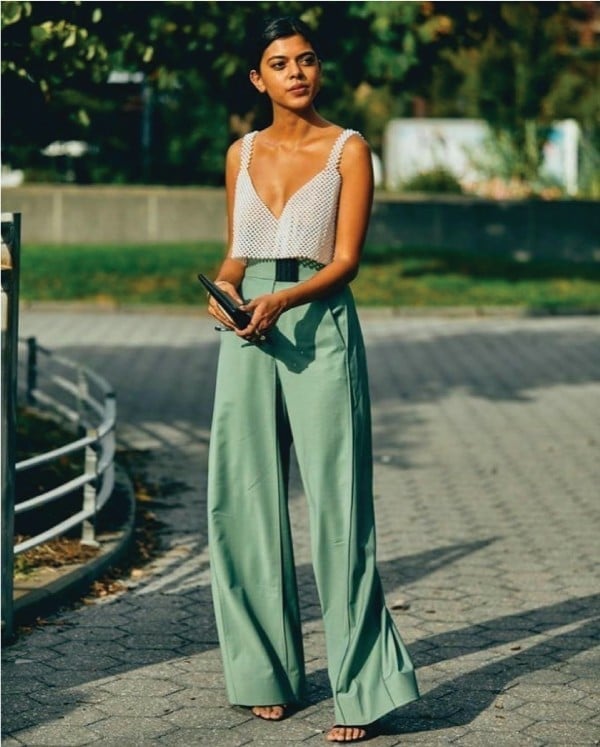 Sage Green Wide Leg Trousers with a White Beaded Camisole — Classy Wide Leg Pants Outfits