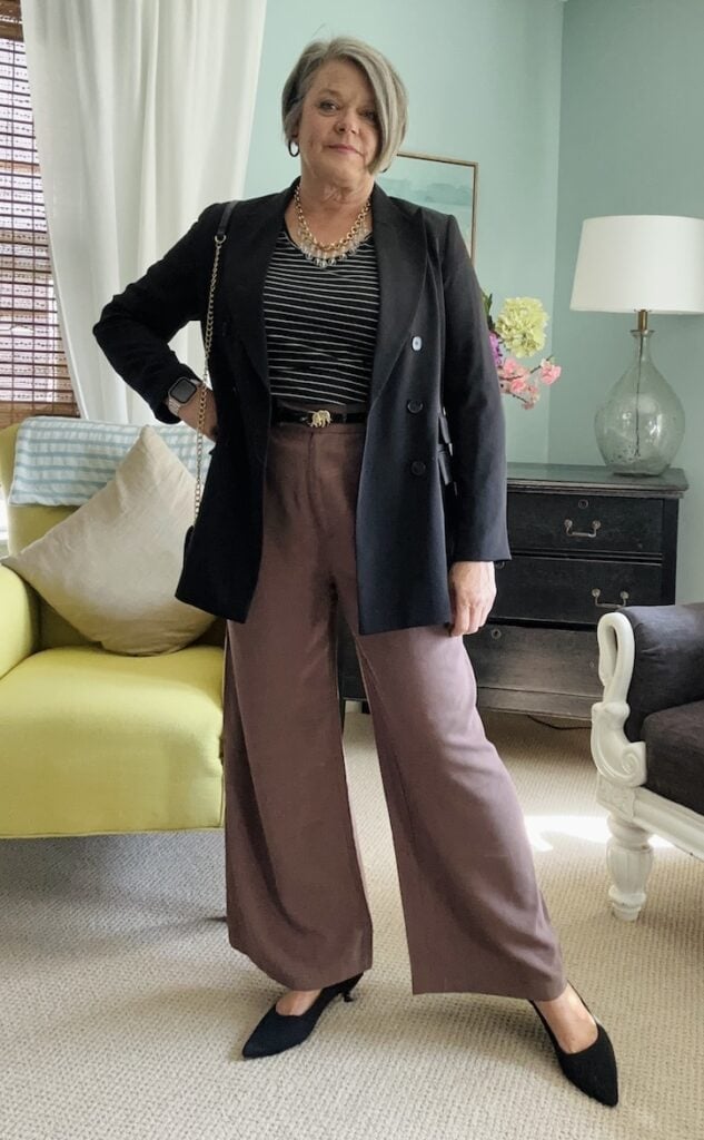 Brown Satin Wide Leg Pants with Striped T-Shirt, Close-Up Take — Classy Wide Leg Pants Outfits
