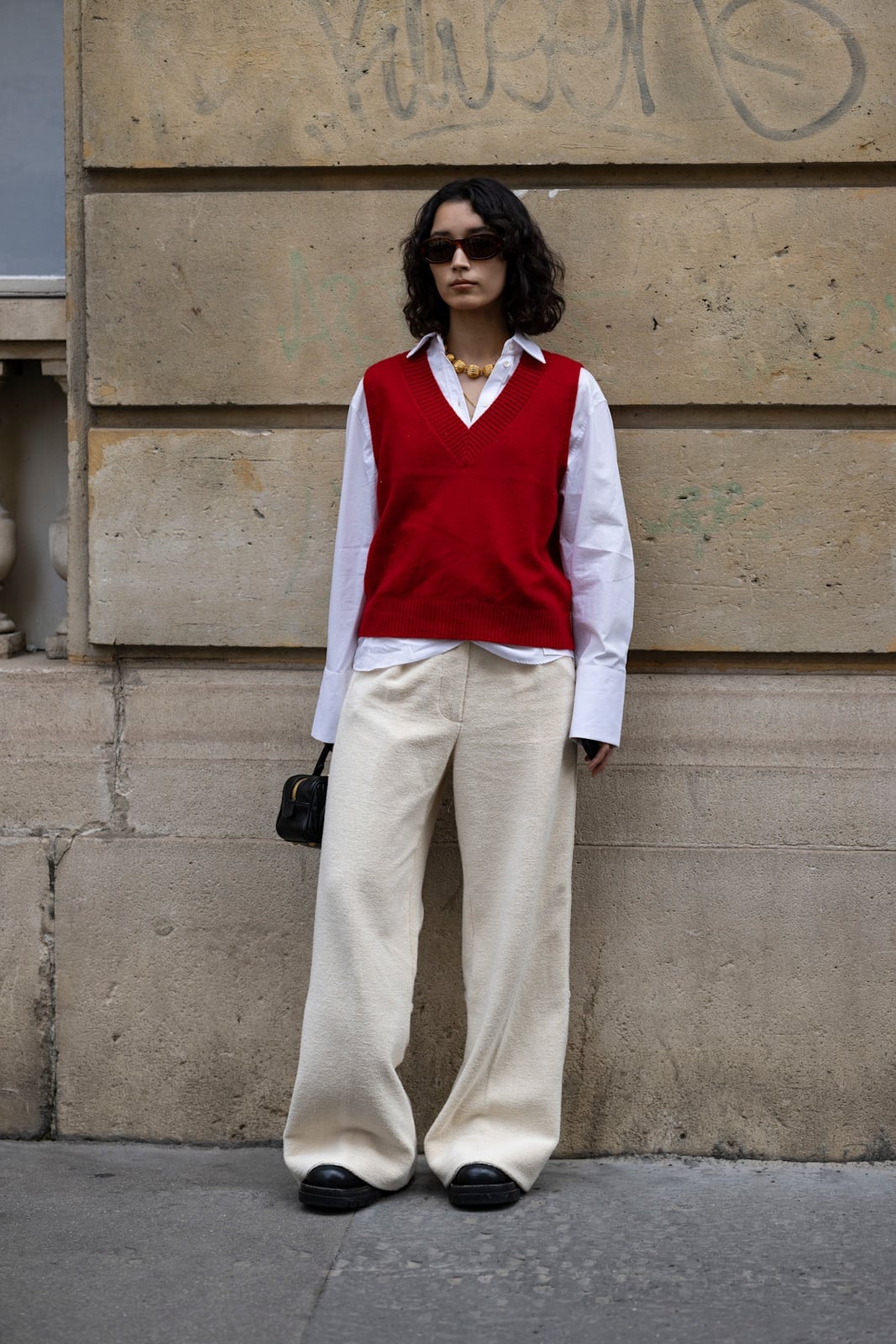 Cream Textured Wide Leg Trousers with Sweater Vest, Close-Up Take — Classy Wide Leg Pants Outfits