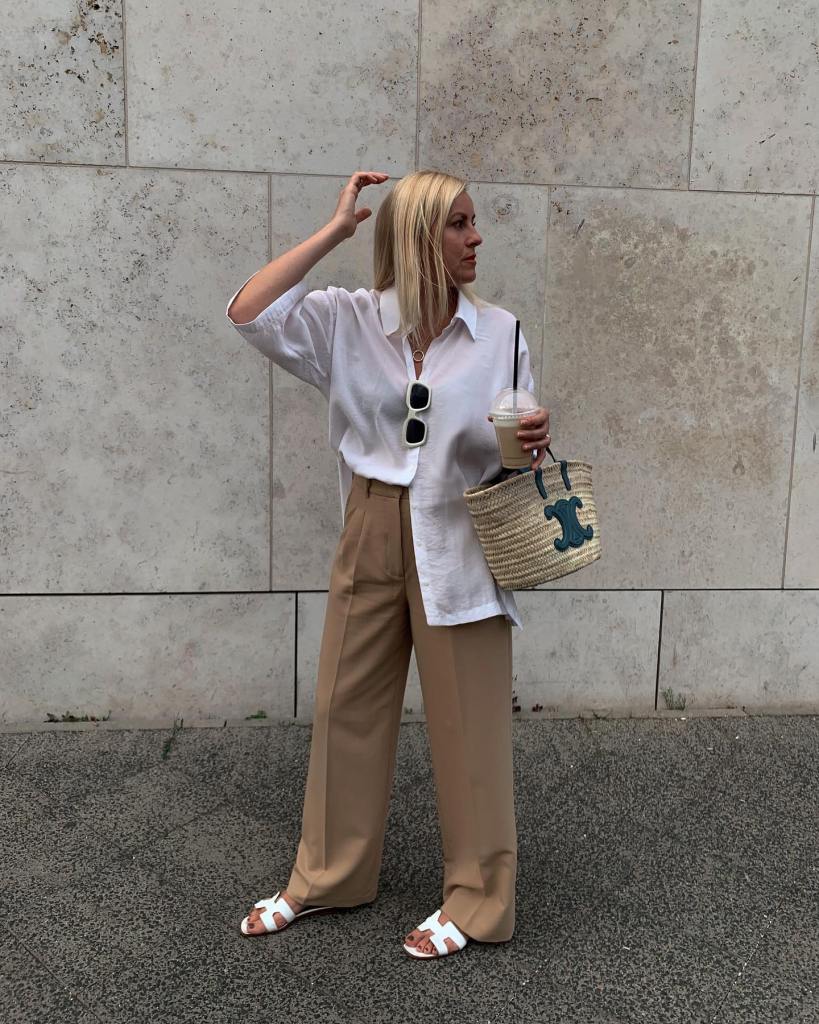 Beige Wide Leg Trousers with Oversized White Shirt and Straw Tote Bag — Classy Wide Leg Pants Outfits