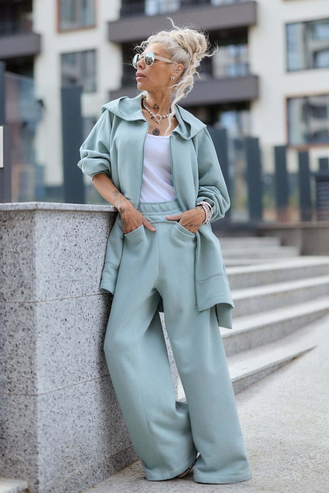 Mint Green Wide Leg Pants Loungewear Set With White Sneakers — Classy Wide Leg Pants Outfits