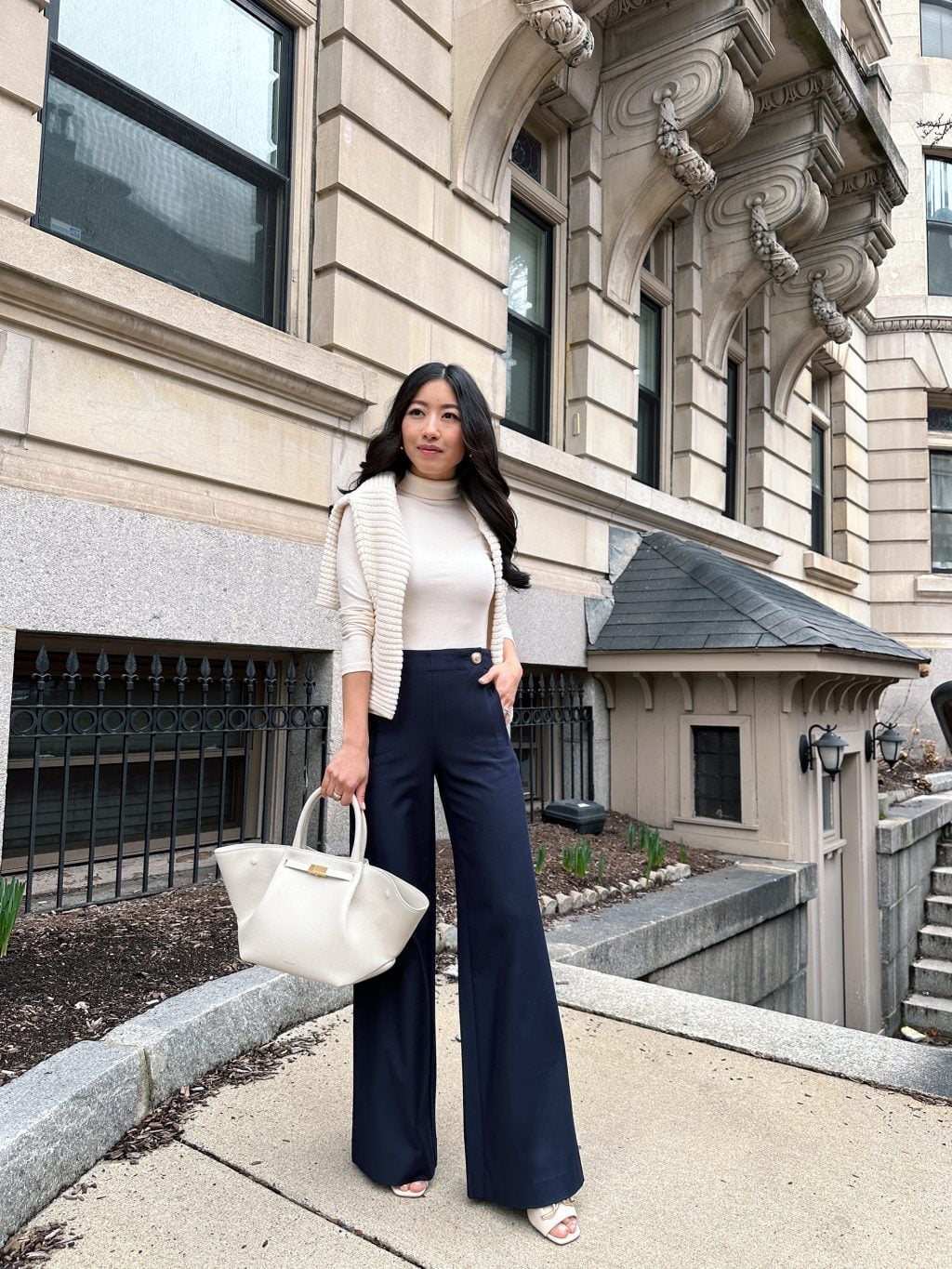 Navy Wide Leg Trousers with Cream Knitwear — Classy Wide Leg Pants Outfits