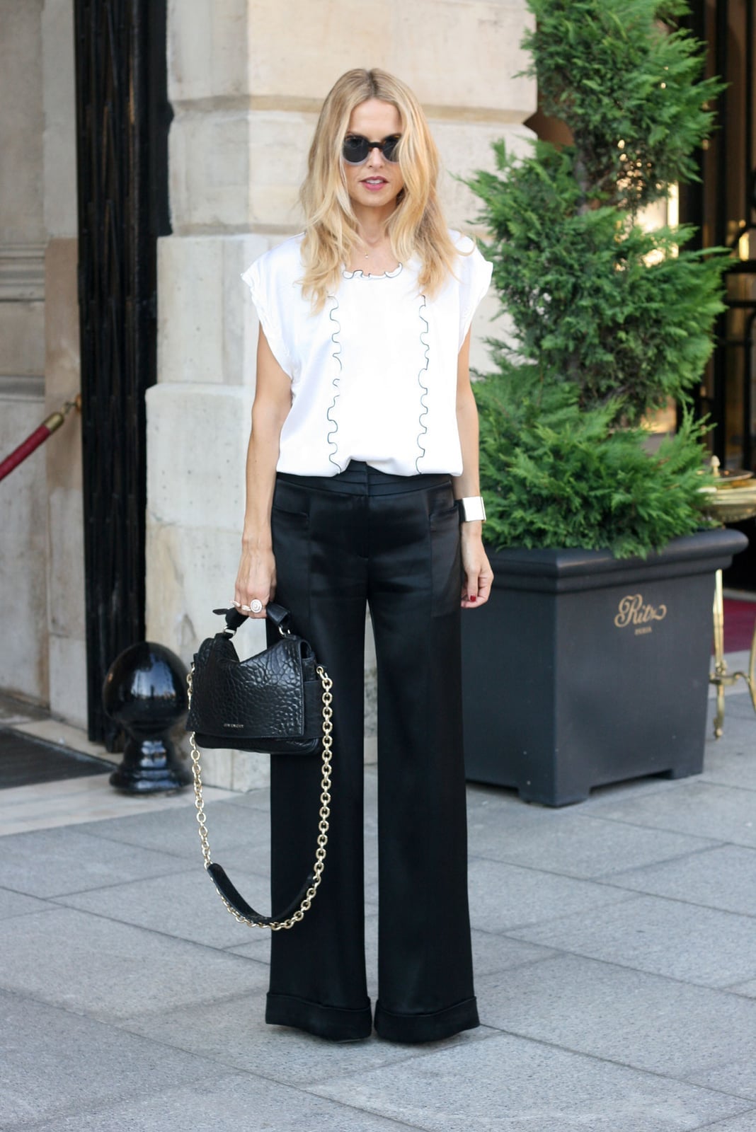 Black Satin Wide Leg Trousers with White Top — Classy Wide Leg Pants Outfits