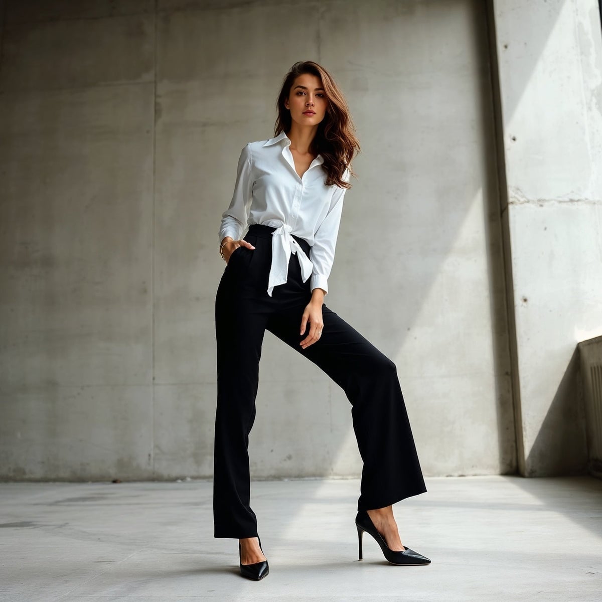 Black Wide Leg Trousers with a White Button-Down Shirt — Classy Wide Leg Pants Outfits