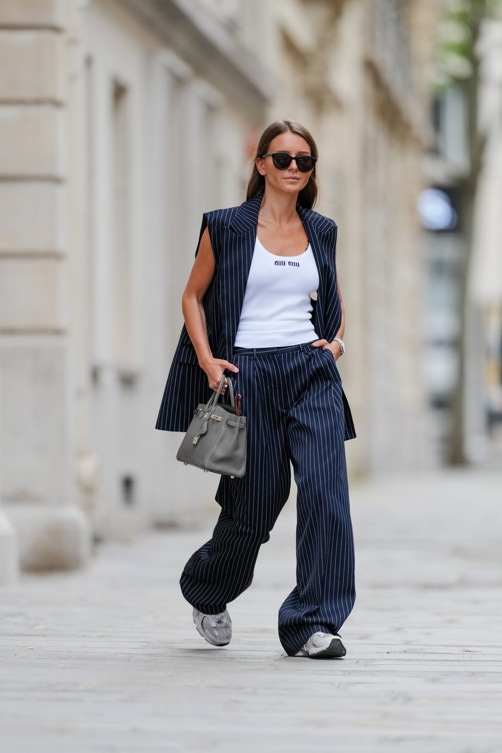 Navy Pinstripe Wide Leg Trousers with a White Tank and Vest — Classy Wide Leg Pants Outfits