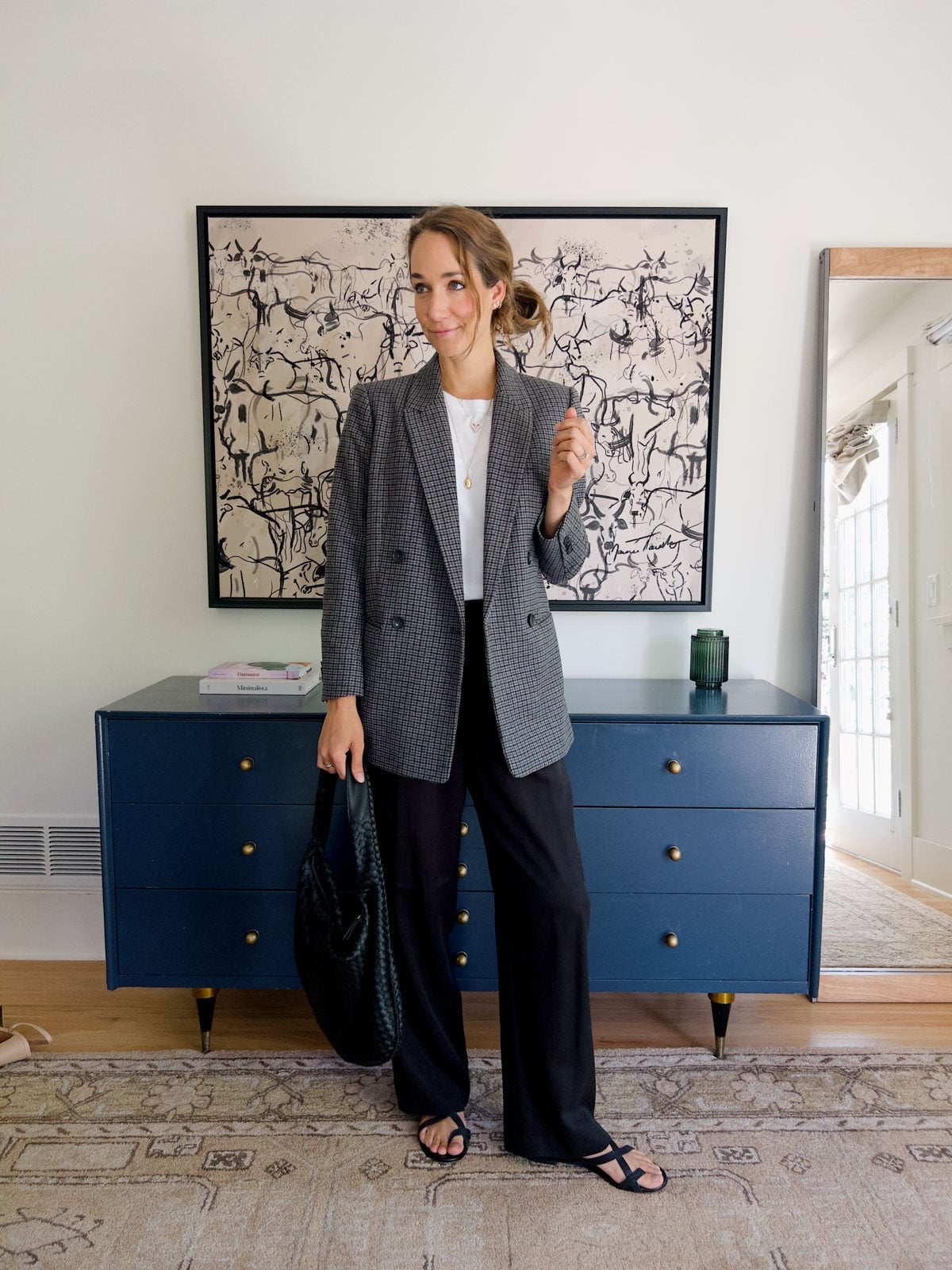 Black Wide Leg Trousers with a Gray Checked Blazer — Classy Wide Leg Pants Outfits