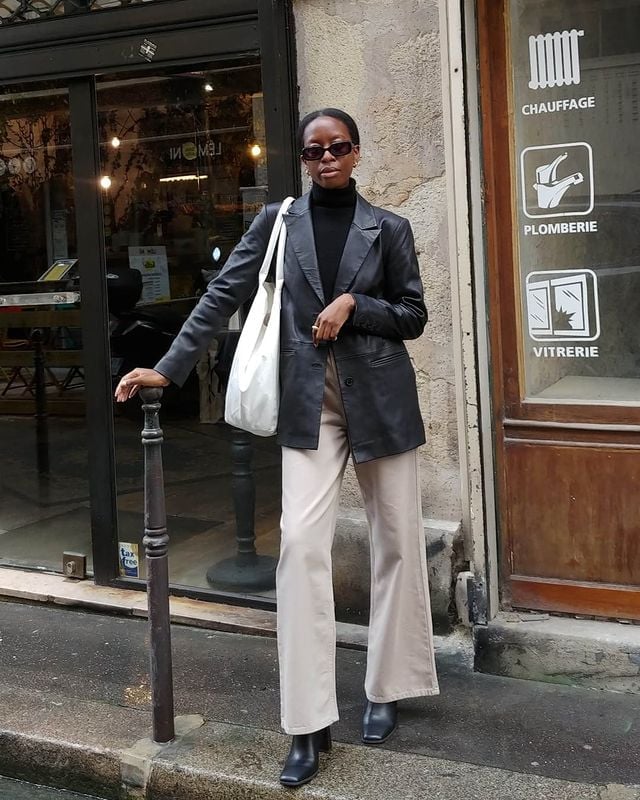 Beige High-Waisted Wide Leg Trousers with a Black Turtleneck — Classy Wide Leg Pants Outfits