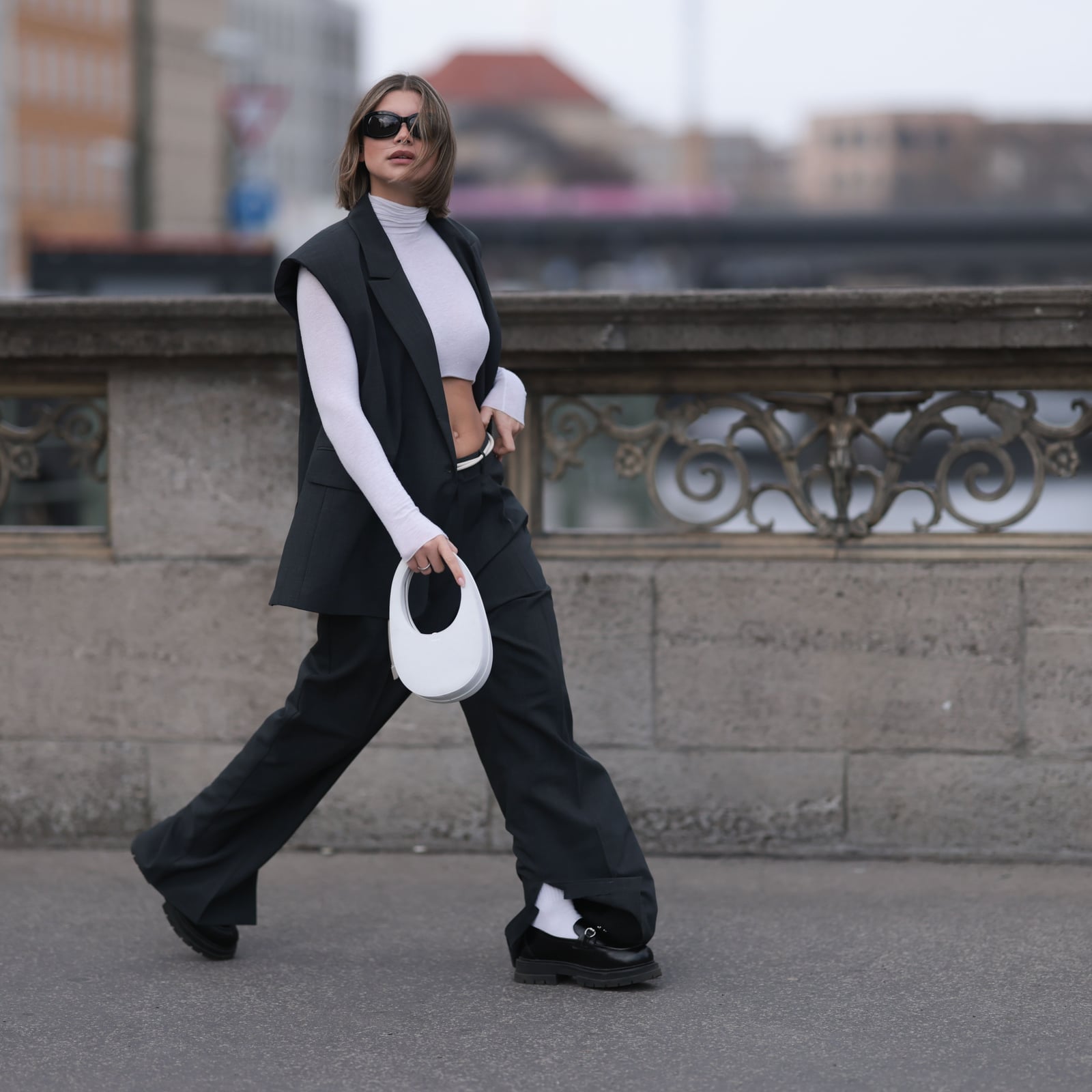 Dark Gray Wide Leg Trousers with a Vest and Crop Top — Classy Wide Leg Pants Outfits