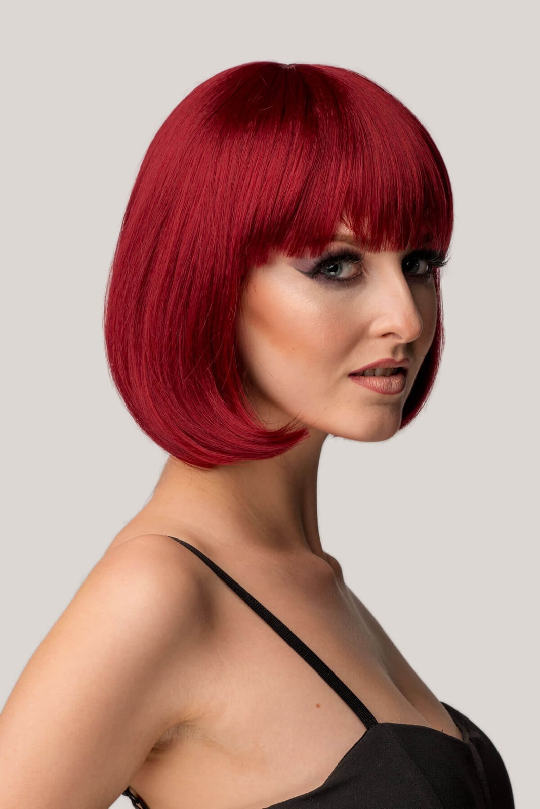 Chin Bob Dark Cherry Red Blunt Bangs Chin Bob Dark Cherry Red Blunt Bangs — Classy Wig Hair