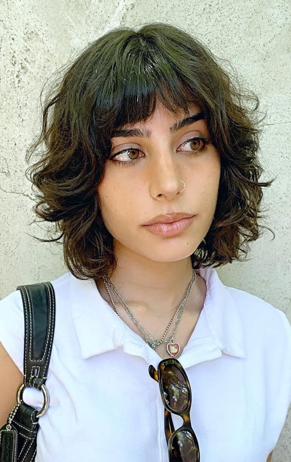 Chin Length Dark Brown Curly Wolf Cut With Soft Bangs — Classy Wolf Cut Hair