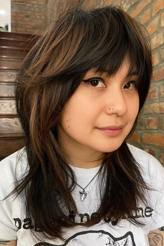 Dark Brown Wolf Cut With Warm Highlights And Wispy Fringe — Classy Wolf Cut Hair