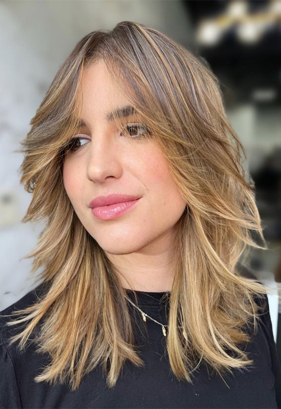 Honey Blonde Shag With Side Part Curtain Bangs — Classy Wolf Cut Hair