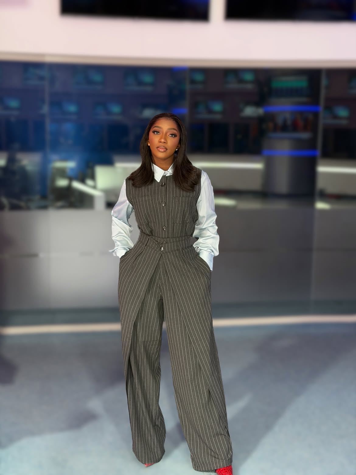 Gray Pinstripe Vest and Trousers with Red Heels Gray Pinstripe Vest and Trousers with Red Heels — Classy Work Party Outfits