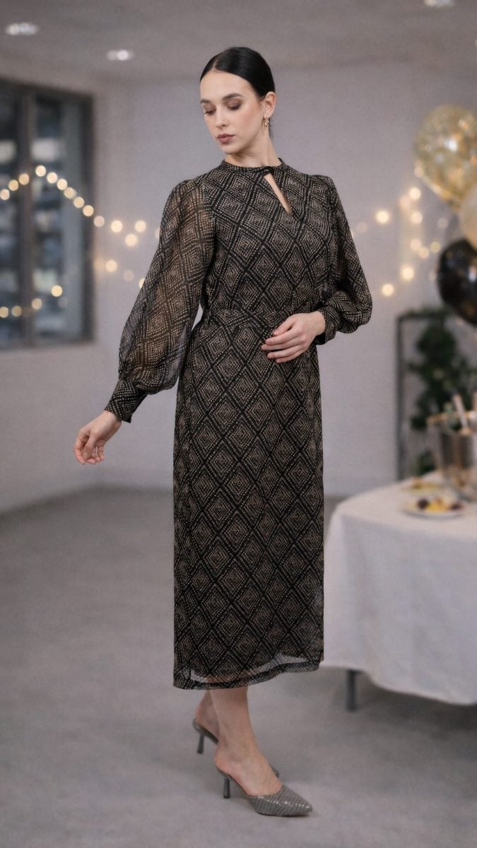 Sheer Chiffon Geometric Print Dress Sheer Chiffon Geometric Print Dress — Classy Work Party Outfits