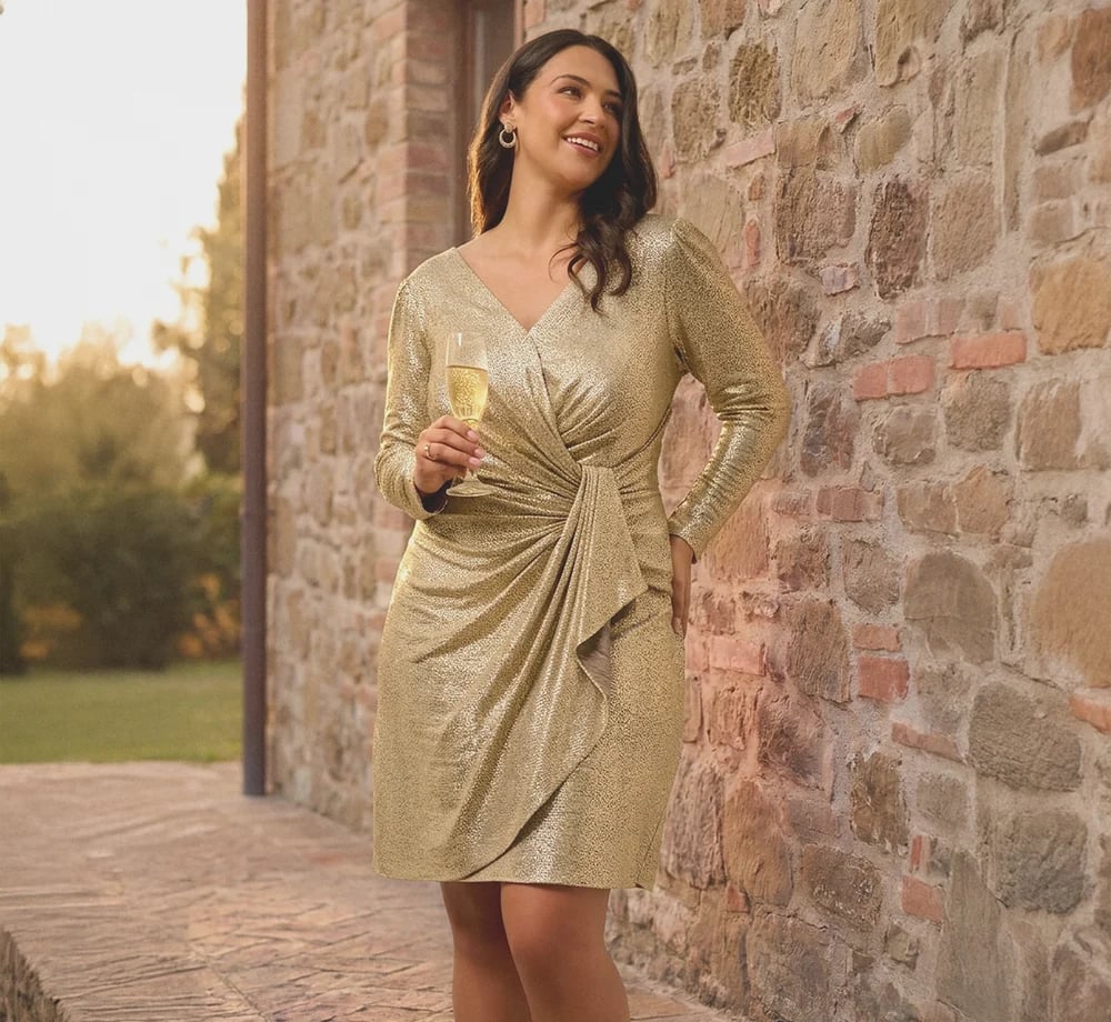 Gold Shimmering Wrap Dress with Draped Knot Detail Gold Shimmering Wrap Dress with Draped Knot Detail — Classy Work Party Outfits