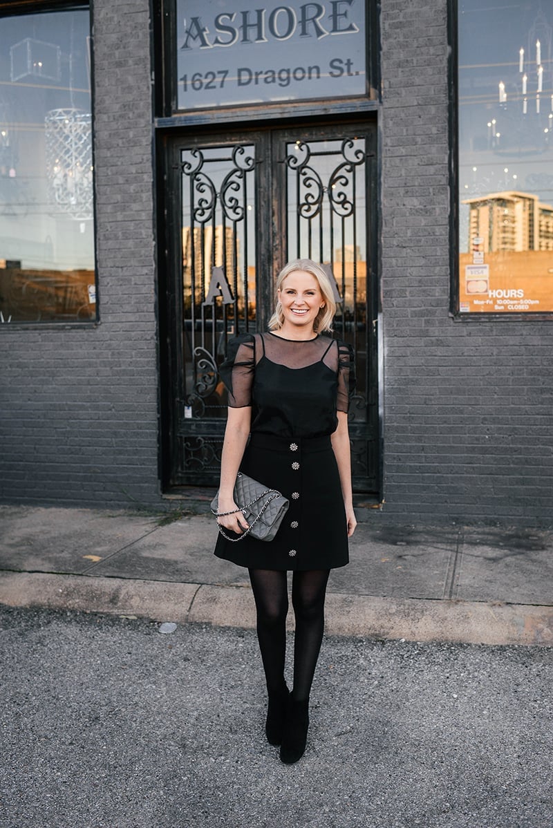 Black Sheer Sleeve Top and A-Line Skirt, Close-Up Take Black Sheer Sleeve Top and A-Line Skirt, Close-Up Take — Classy Work Party Outfits
