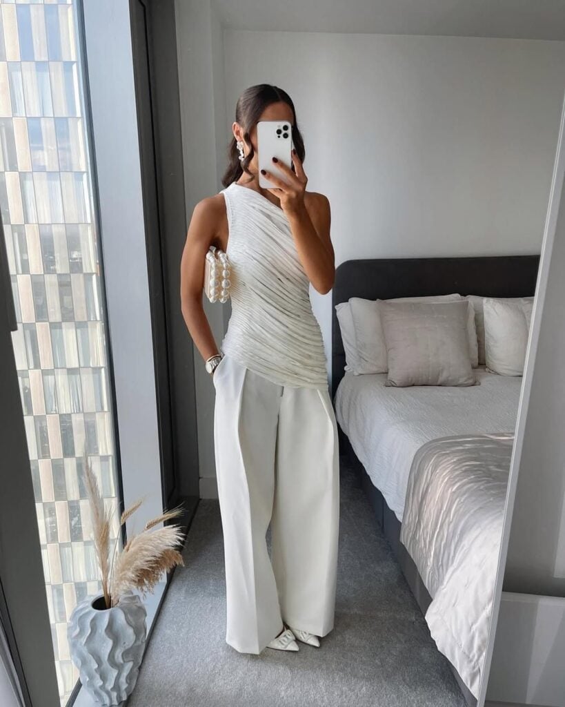White Ruched One-Shoulder Top and Wide-Leg Trousers White Ruched One-Shoulder Top and Wide-Leg Trousers — Classy Work Party Outfits
