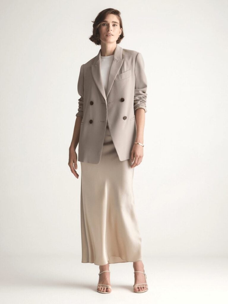 Beige Blazer and Champagne Satin Slip Skirt Beige Blazer and Champagne Satin Slip Skirt — Classy Work Party Outfits