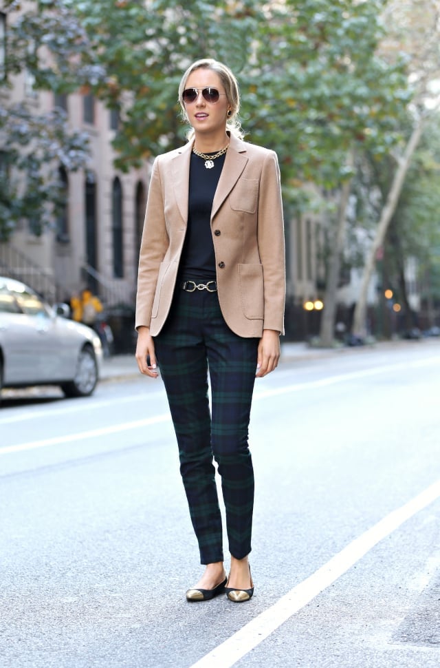 Camel Blazer with Plaid Trousers Camel Blazer with Plaid Trousers — Classy Work Party Outfits