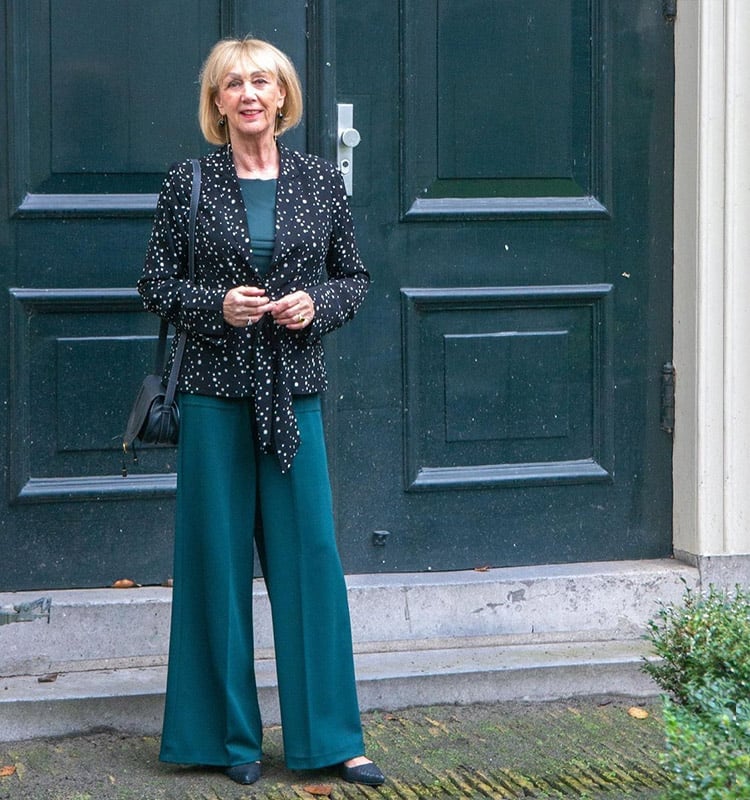 Speckled Blazer with Teal Wide-Leg Trousers Speckled Blazer with Teal Wide-Leg Trousers — Classy Work Party Outfits