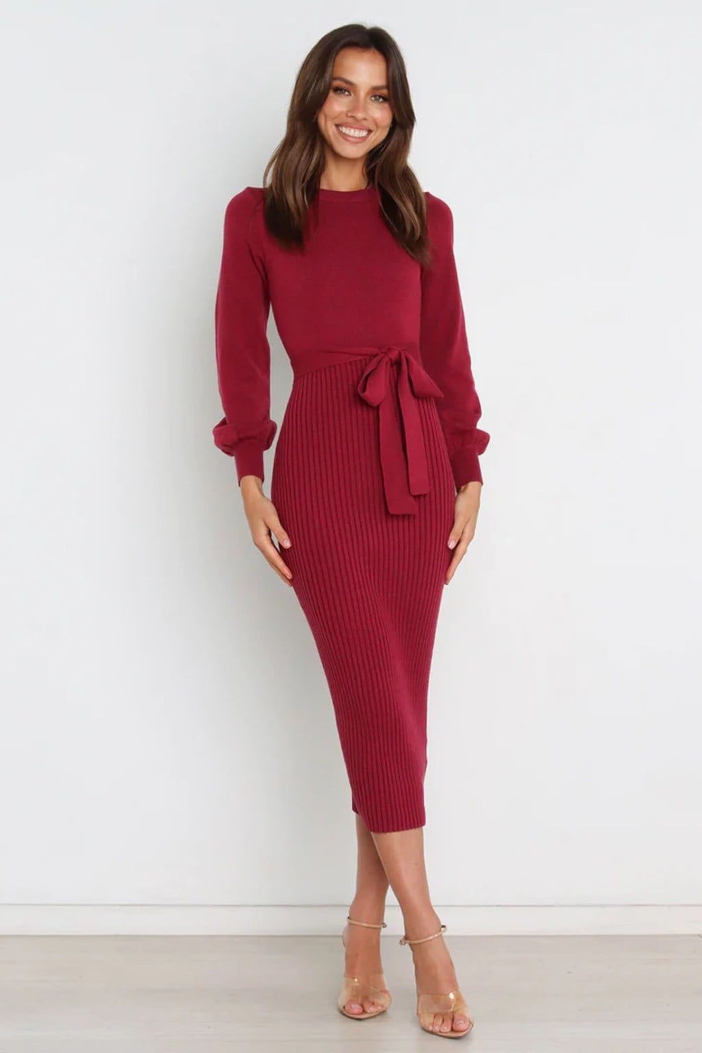 Deep Red Ribbed Knit Midi Dress with Tie Waist Deep Red Ribbed Knit Midi Dress with Tie Waist — Classy Work Party Outfits