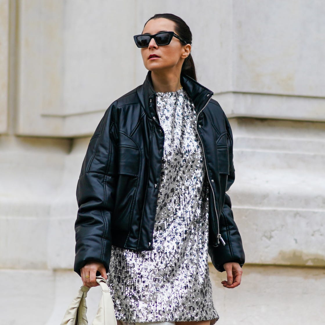 Silver Sequin Mini Dress with Oversized Puffer, Office-Safe Version Silver Sequin Mini Dress with Oversized Puffer, Office-Safe Version — Classy Work Party Outfits