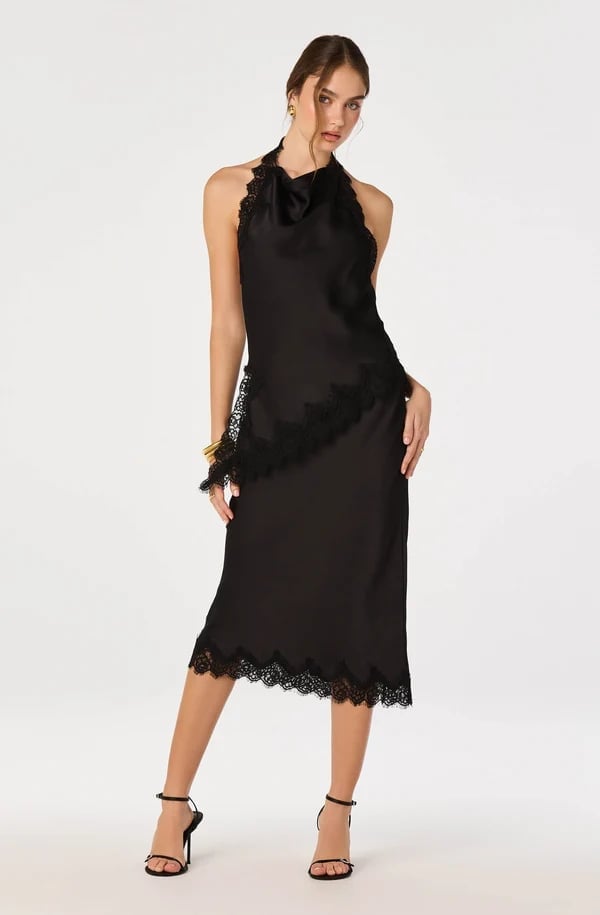 Black Satin Halter Dress with Lace Trim, Close-Up Take Black Satin Halter Dress with Lace Trim, Close-Up Take — Classy Work Party Outfits