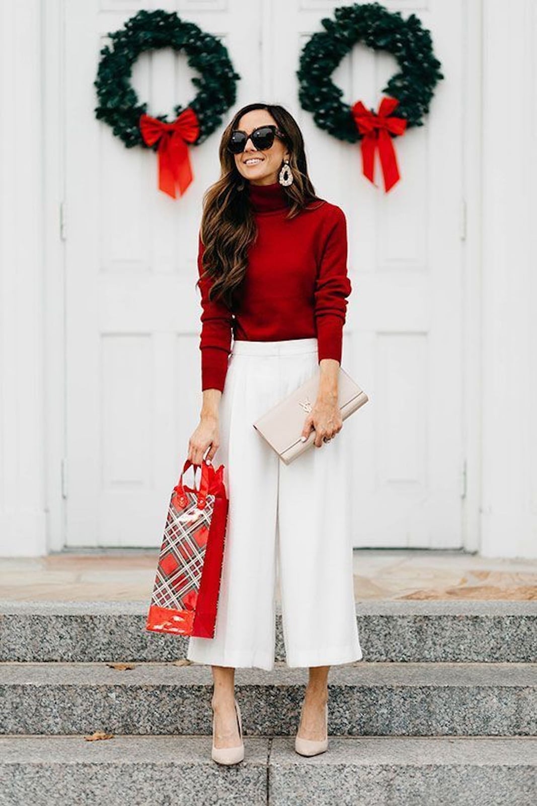 Red Turtleneck Sweater with Wide-Leg White, Office-Safe Version Red Turtleneck Sweater with Wide-Leg White, Office-Safe Version — Classy Work Party Outfits