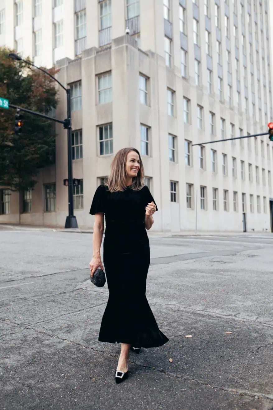 Black Velvet Midi Dress with Flared Hem Black Velvet Midi Dress with Flared Hem — Classy Work Party Outfits