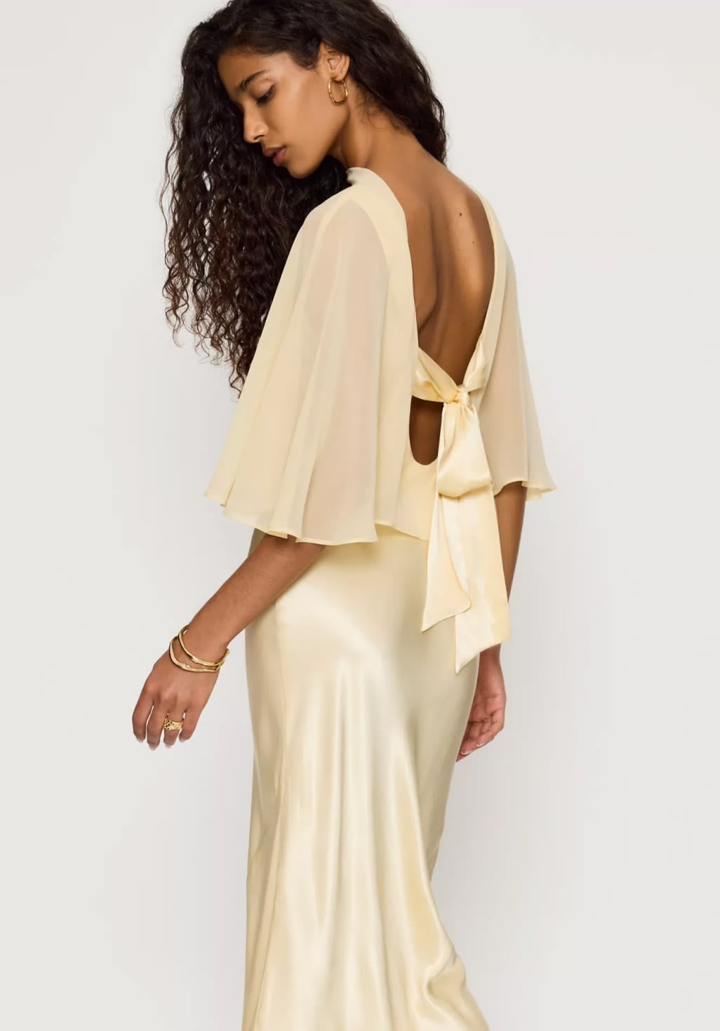 Pale Yellow Satin Dress with Cape Sleeves Pale Yellow Satin Dress with Cape Sleeves — Classy Work Party Outfits