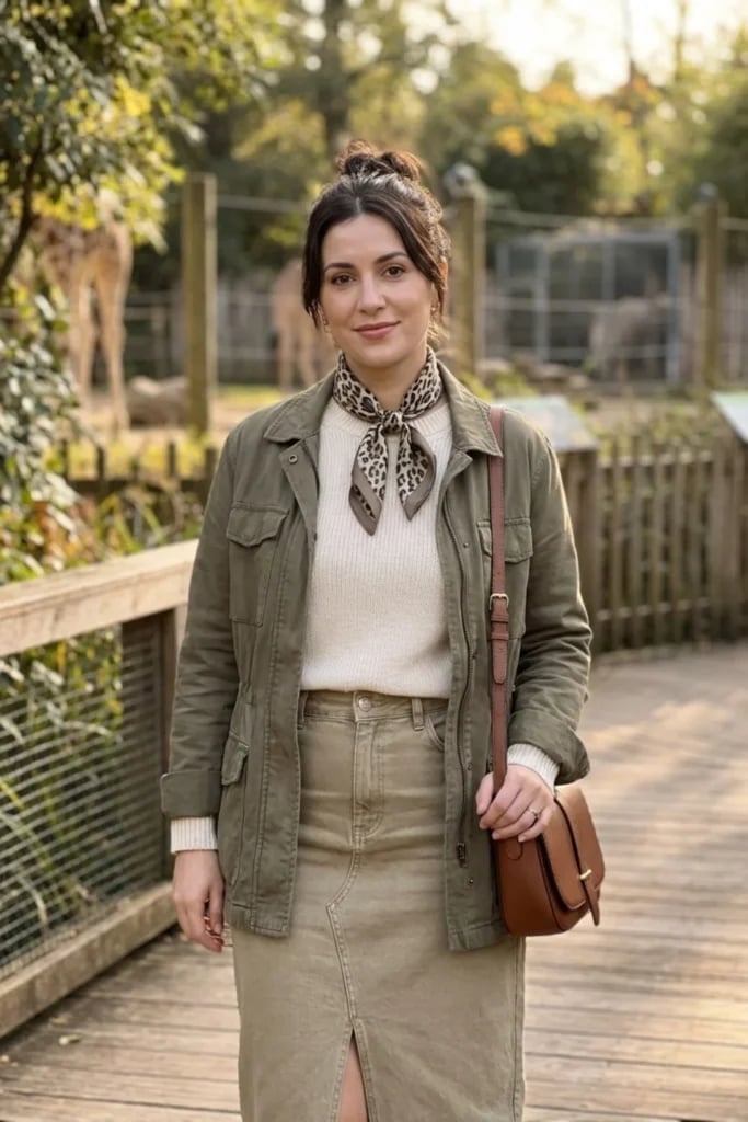 Khaki Utility Jacket and Midi Skirt Khaki Utility Jacket and Midi Skirt — Classy Zoo Outfits