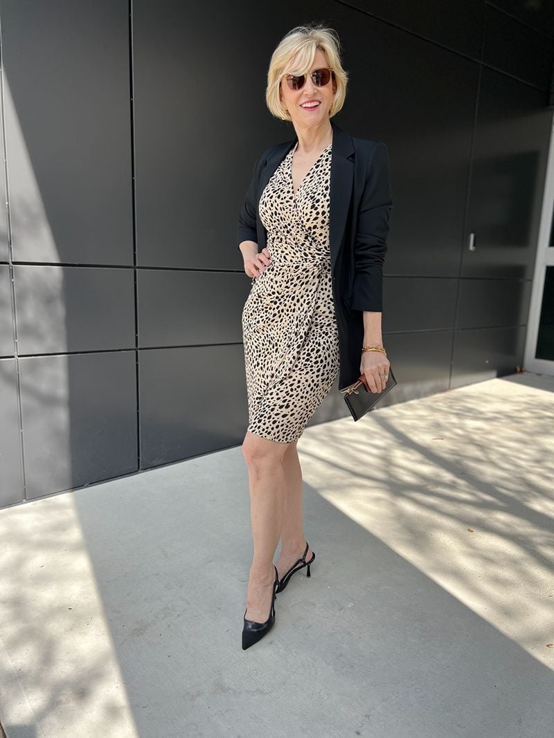 Leopard Print Wrap Dress with Black Blazer Leopard Print Wrap Dress with Black Blazer — Classy Zoo Outfits