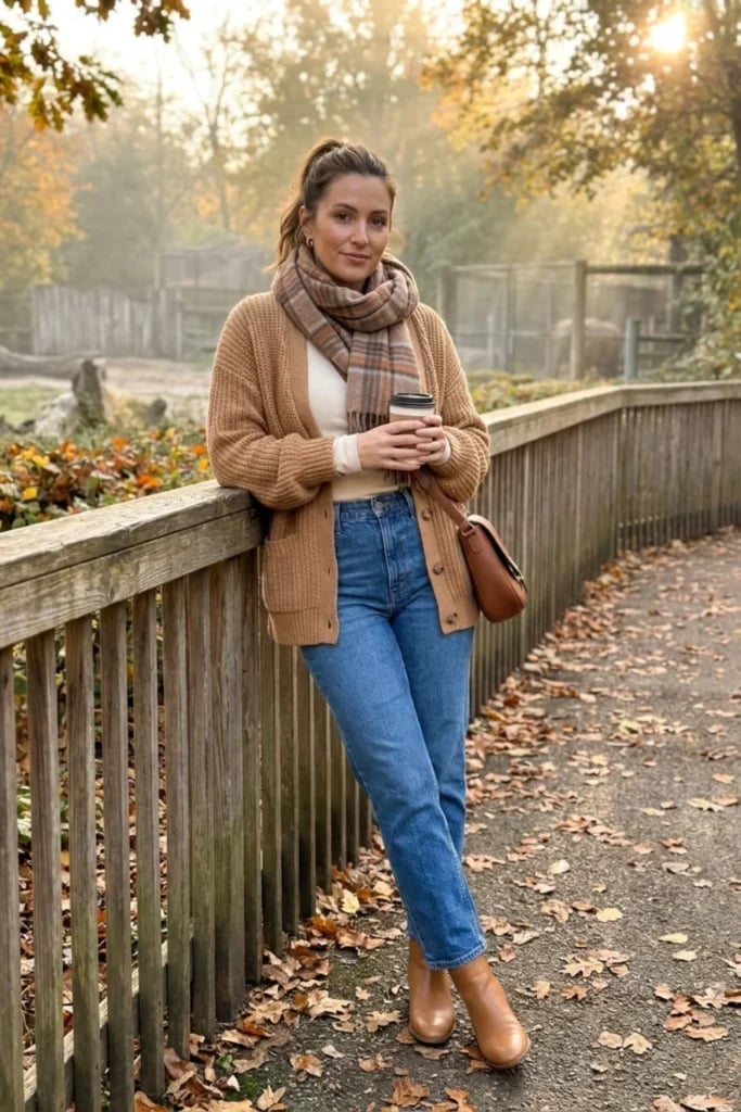 Brown Knit Cardigan and Plaid Scarf Brown Knit Cardigan and Plaid Scarf — Classy Zoo Outfits