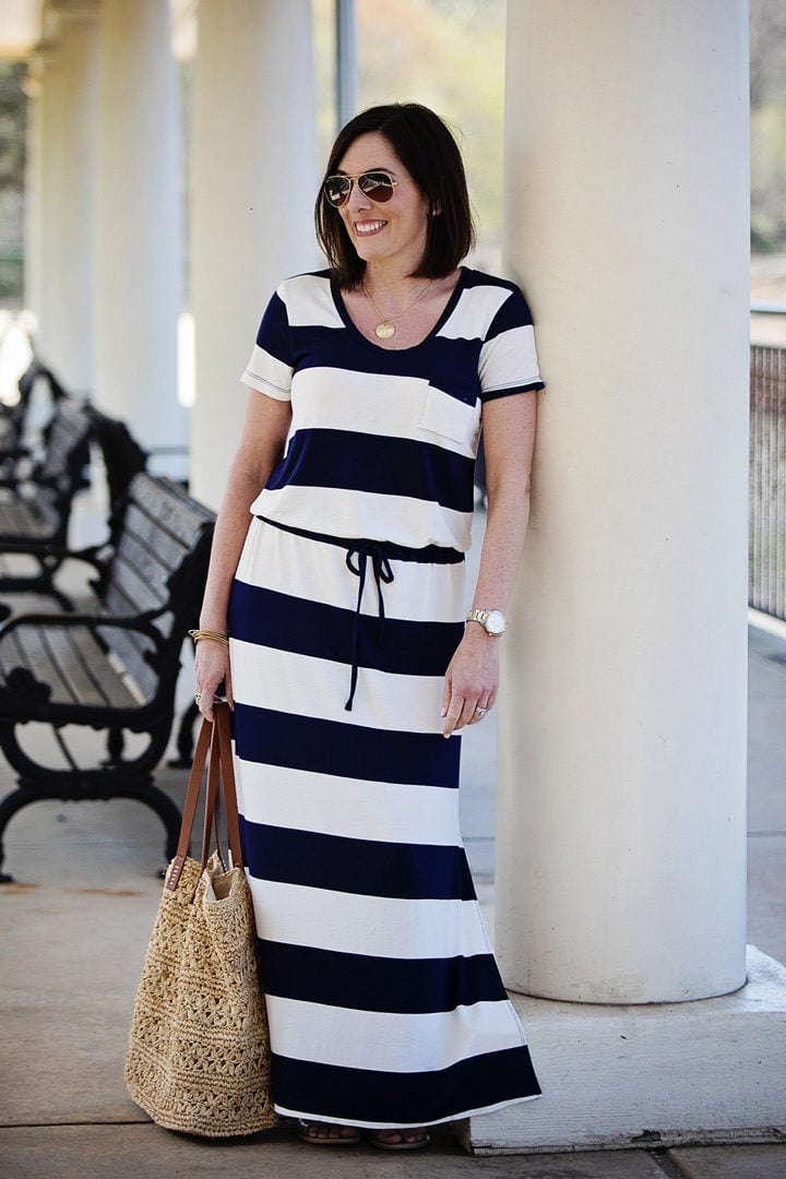 Striped Maxi Dress with Woven Tote Striped Maxi Dress with Woven Tote — Classy Zoo Outfits