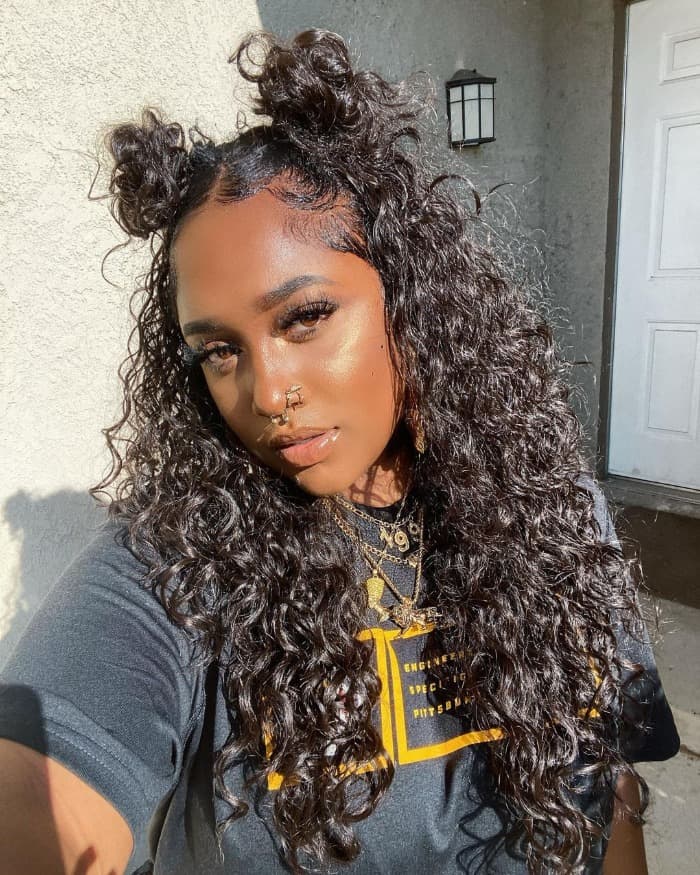 Mid-Back With Two Space Buns Mid-Back With Two Space Buns — Curly Hair Down Ideas