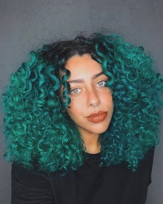 Collarbone Teal With Dark Roots, Close-Up Take Collarbone Teal With Dark Roots, Close-Up Take — Curly Hair Dye Styles