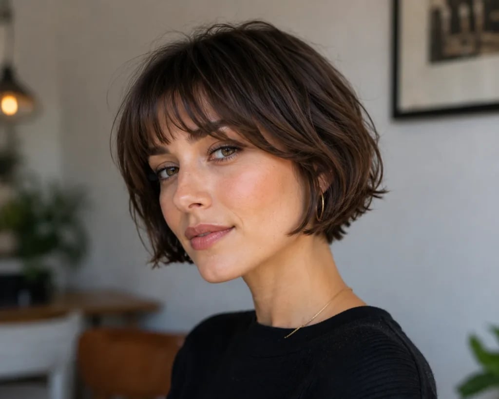 Textured Dark Brown Bob With Curtain Bangs Textured Dark Brown Bob With Curtain Bangs — Cute Chic Hairstyles