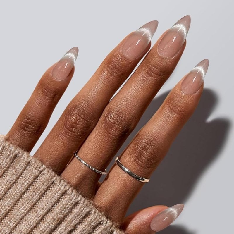 Long Almond French Nails With Silver Shimmer Long Almond French Nails With Silver Shimmer — Cute Classy Almond Nails
