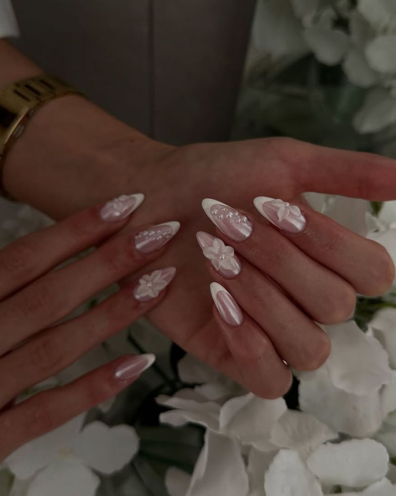 Short Almond 3D Floral French Nails Short Almond 3D Floral French Nails — Cute Classy Almond Nails