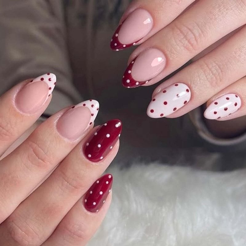 Medium Almond Red Polka Dot French Tips Medium Almond Red Polka Dot French Tips — Cute Classy Almond Nails