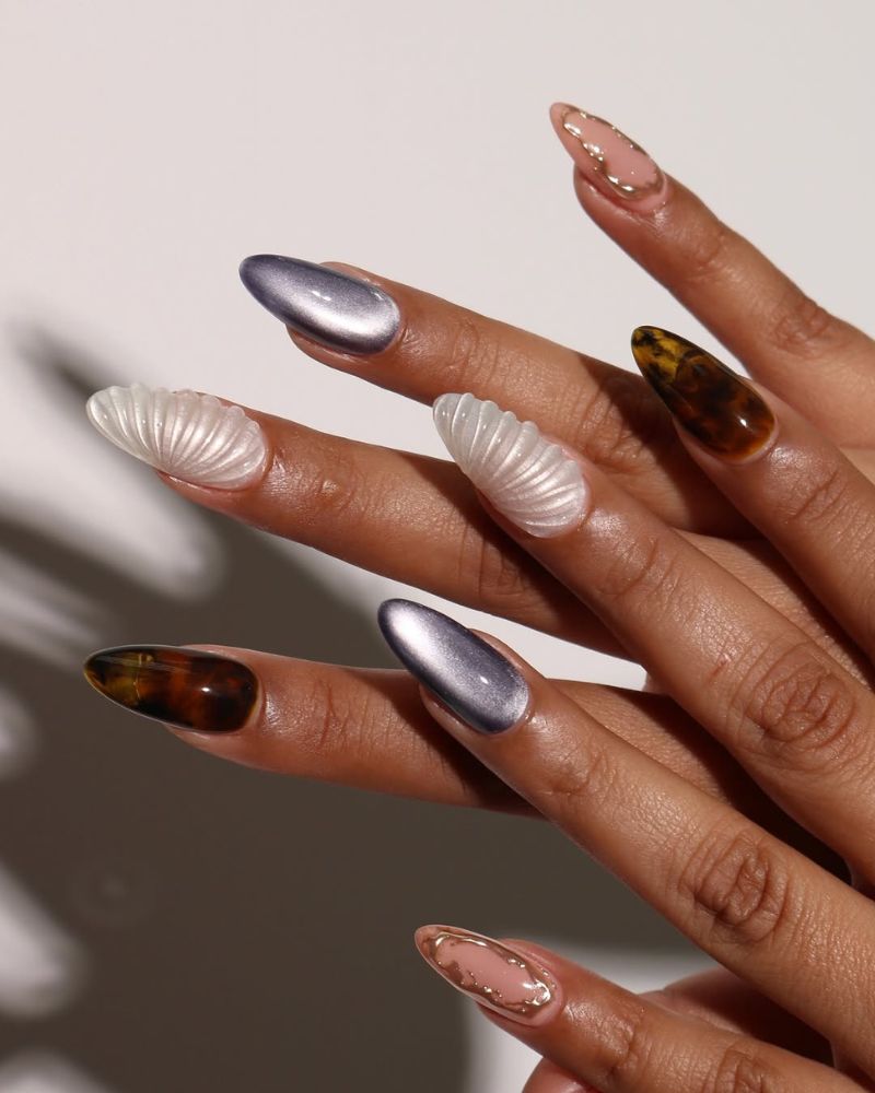 Long Almond Cat-Eye and Tortoise Shell Nails Long Almond Cat-Eye and Tortoise Shell Nails — Cute Classy Almond Nails