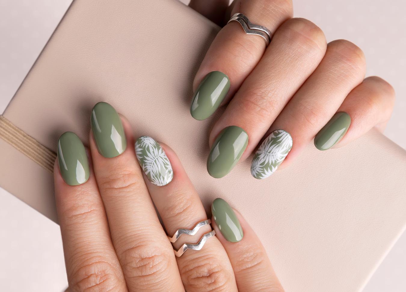 Short Almond Olive Green Floral Line Art Short Almond Olive Green Floral Line Art — Cute Classy Almond Nails
