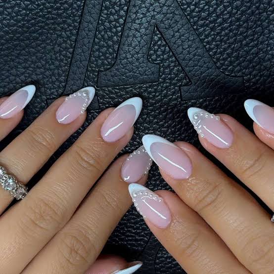 Medium Almond Beaded French Tips Medium Almond Beaded French Tips — Cute Classy Almond Nails