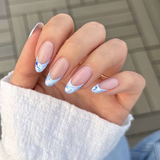 Medium Almond Marble French Tips, Glossy Medium Almond Marble French Tips, Glossy — Cute Classy Almond Nails