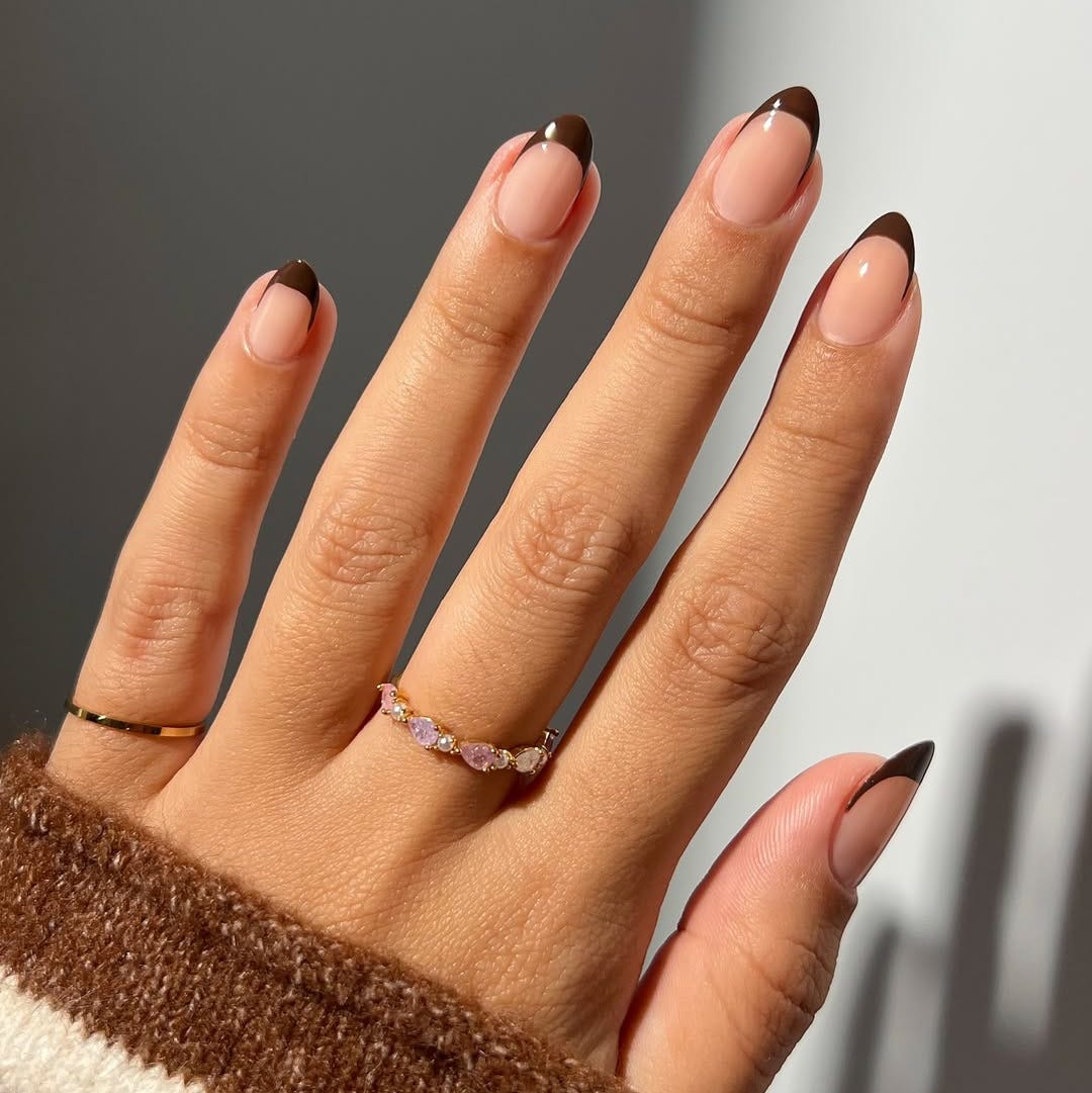 Medium Almond Dark Brown French Tips Medium Almond Dark Brown French Tips — Cute Classy Almond Nails